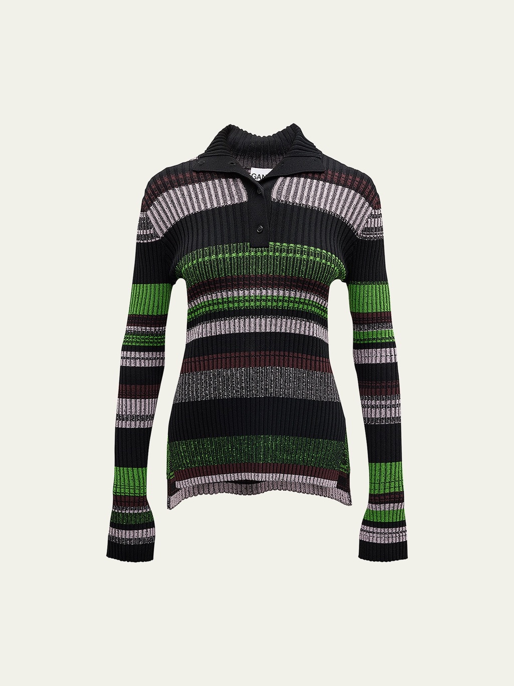 Ganni Ribbed V-Neck Sweater In Black, Green, Gray